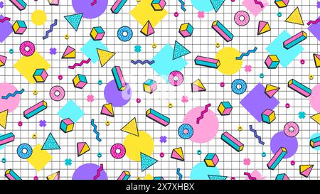 80s 90s memphis pattern with abstract graphic elements. Vector seamless background of modern line shape grid and trendy simple geometric ornament of color squares, triangles, dots and zig zags shapes Stock Vector