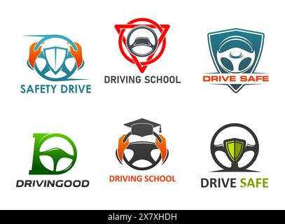 Drive school icons with steering wheels. Safe drive, driving school symbols of vector car vehicle wheels, driver hands, safety shields and graduation hat. Driver education and trainings isolated signs Stock Vector