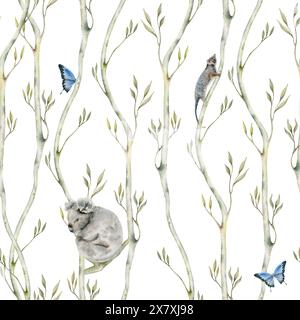 Seamless pattern with sleeping koala, possum and butterfly. Watercolor illustration isolated on white background. Hand drawn australian animal Stock Photo