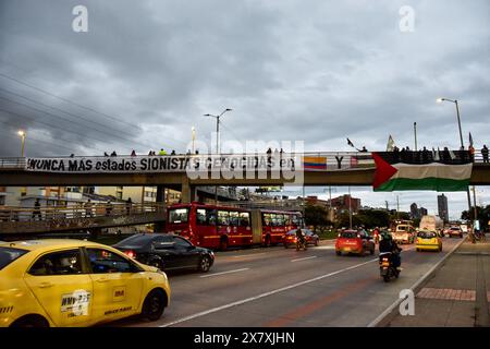 Bogota, Colombia. 14th May, 2024. Pro-palestinian supporters demonstrate outside Bogota, Colombia's El Campin Stadium during the match between Millonarios F.C and Chilean team Palestino for the Copa Libertadores, on May 14, 2024. Photo by: Cristian Bayona/Long Visual Press Credit: Long Visual Press/Alamy Live News Stock Photo