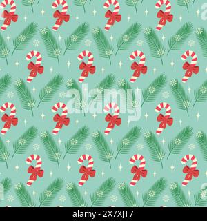 Candy Cane with red ribbon bow Pine twigs Snowflakes and decorative stars Seamless Christmas pattern Isolate EPS Vector Wrapping, wallpaper, packing or web, cards, New Year greetings design concept Stock Vector