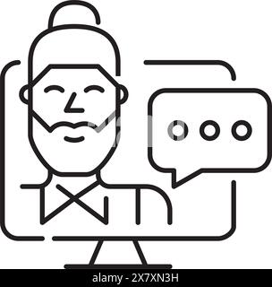 Bearded man with bun. Computer monitor and speech bubble message. Pixel perfect vector icon Stock Vector