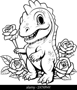 Dinosaur With A Flower Coloring Page For Kids Stock Vector