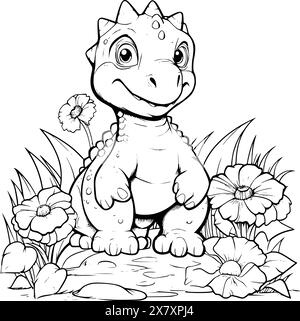 Dinosaur With A Flower Coloring Page For Kids Stock Vector