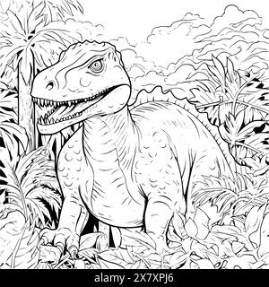 Dinosaur In A Jungle Coloring Page For Kids Stock Vector