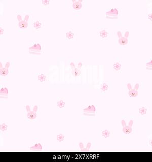 Illustration of bunny, cake, flowers on a pastel pink background for easter, card, animal print, girly pattern, kid clothes, gift wrap, packaging, ads Stock Vector