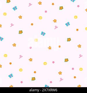 Illustration of butterfly, flowers, happy emoji on pastel pink background for spring, summer, card, print, pattern, clothes, gift wrap, packaging, ads Stock Vector