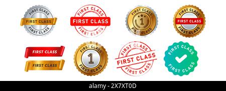 first class circle seal badge and ribbon sign for recommended business modern comfort commercial Stock Vector