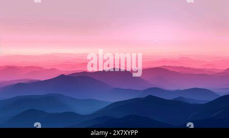 Abstract mountain landscape in dark tones with pink and purple gradient sky, evoking twilight Stock Photo