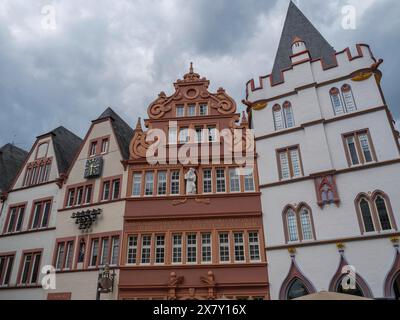 Historic gothic buildings with richly decorated facades under a cloudy sky, historic house fronts with a monument against an overcast sky, Trier, Germ Stock Photo