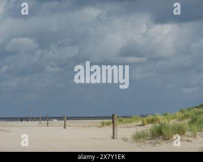 Barren sand dunes with tufts of grass and scattered posts, the sky is cloudy, lonely beach with dune grass in the neighbouring dunes and marker posts, Stock Photo