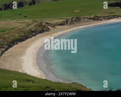 A quiet sandy beach surrounded by rocky cliffs and gentle green slopes, with turquoise clear water that perfectly matches the landscape, golden beach Stock Photo