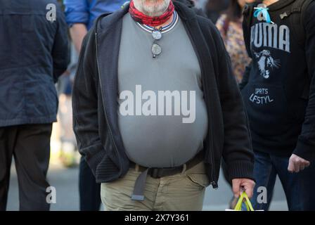 Undated file photo of an obese man in London. There has been a 39% rise in cases of diabetes among the under-40s, with poor diets and obesity largely to blame, a report suggests. The study, from Diabetes UK, said people face a more aggressive and acute form of diabetes when it develops at a younger age, with thousands of people and children living undiagnosed with the condition across the country. Issue date: Wednesday May 22, 2024. Stock Photo