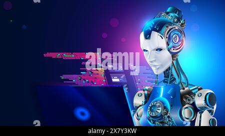 AI robot work on laptop. Robot software developer or programmer coding on laptop. AI chat bot writing code of programs in image mechanical robot. Arti Stock Vector