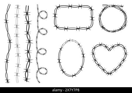 Set twisted Barbed wire frames y2k, borders tattoo, gothic textured steel frame, spiky oval barrier, silhouette isolated on white background. Vector illustration Stock Vector