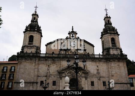 Iglesia San Nicolas de Bari, Baroque church façade with two towers and clock in the centre, Old Town, Bilbao, Basque Country, Spain, Europe Stock Photo