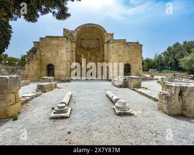 View of remains of ruins of Titus Basilica with front cornerstones of portal and recumbent columns marked dimensions area of historic early Christian Stock Photo