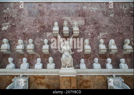 Wall with busts of famous personalities in the interior of the Walhalla memorial, honouring important people since 1842, Donaustauf, Upper Palatinate, Stock Photo