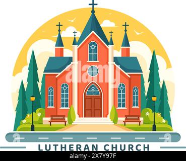 Lutheran Church Vector Illustration featuring a Cathedral Temple Building and Christian Religious Architecture in a Flat Cartoon Style Background Stock Vector