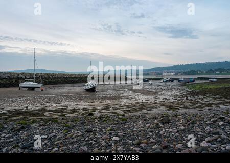 Small boats moored in the harbour at Rhos-on-Sea, Wales, Uk at low tide. Stock Photo