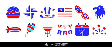 4th of July set icon. Drum, rocket, USA shield, balloons, eagle, fireworks, soda cup, calendar, American flag, hat, burger, barbecue, blimp, sunglasse Stock Vector