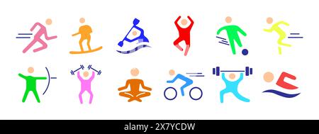 Sport set icon. Running, surfing, kayaking, jumping, soccer, archery, weightlifting, yoga, cycling, swimming. Physical activity and fitness concept. Stock Vector