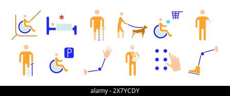 Disability set icon. Wheelchair ramp, bed, crutches, guide dog, wheelchair basketball, prosthetic leg, cast, parking, prosthetic arm, braille, support Stock Vector