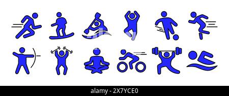 Sport set icon. Running, surfing, kayaking, jumping, soccer, archery, weightlifting, yoga, cycling, swimming. Physical activity and fitness concept. Stock Vector