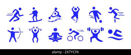 Sport set icon. Running, surfing, kayaking, jumping, soccer, archery, weightlifting, yoga, cycling, swimming. Physical activity and fitness concept. Stock Vector