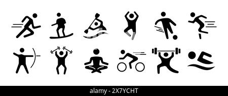 Sport set icon. Running, surfing, kayaking, jumping, soccer, archery, weightlifting, yoga, cycling, swimming. Physical activity and fitness concept. Stock Vector