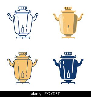 Traditional samovar icon set in flat and line style. National Russian hot water boiler. Vector illustration. Stock Vector