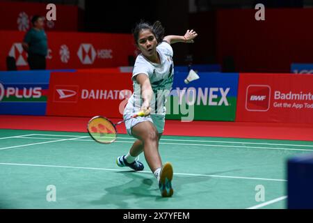 Kuala Lumpur, Malaysia. 22nd May, 2024. Karupathevan Letshanaa of Malaysia hits a return during the women's singles round of 32 match against Han Yue of China at Malaysia Masters 2024 in Kuala Lumpur, Malaysia, May 22, 2024. Credit: Chong Voon Chung/Xinhua/Alamy Live News Stock Photo