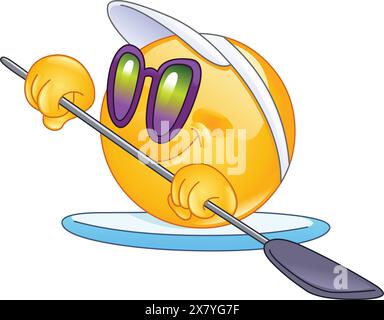 Happy emoticon on a SUP paddle board wearing sunglasses and a visor cap Stock Vector