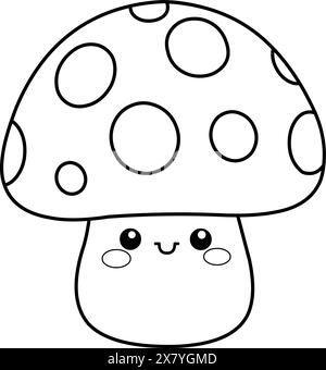 Outlined smiling mushroom character in a kawaii style, Vector line art illustration coloring page. Stock Vector