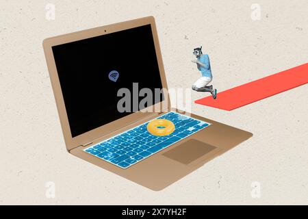 Creative image collage picture young man jump dive water pool laptop keyboard wifi connection internet digital gadget drawing background Stock Photo