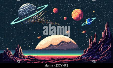 8 bit pixel art starry galaxy and space planets landscape. Ai generated game scene background. Retro-inspired virtual alien world. Alien planet surfac Stock Vector