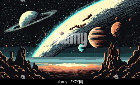 8 bit pixel art space planet surface landscape and starry galaxy. Ai generated game scene background, featuring pixelated mountains, rocks and cosmic Stock Vector
