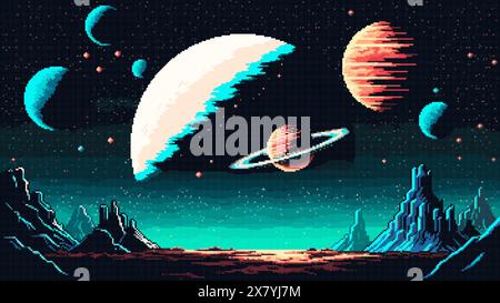 8 bit pixel art space planet surface and galaxy landscape. Ai generated game scene background. Retro-inspired virtual world with pixelated alien plane Stock Vector
