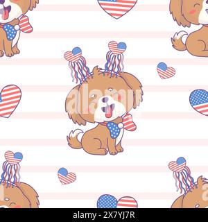 Seamless pattern with patriotic cartoon dog wearing symbolic accessories, bow in colors of American flag on white striped background. Vector illustrat Stock Vector