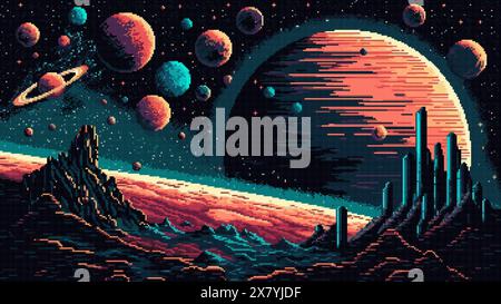 Generative ai starry galaxy landscape with space planets, stars and asteroids with comets. 8Bit pixel art game scene. Mesmerizing cosmos, vibrant, bre Stock Vector
