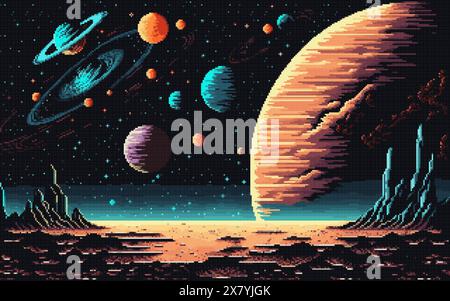 Generative ai. Alien space planet surface landscape. Ai generated 8 bit pixel art game scene. Jagged mountains tower over pixelated deserted land, celestial spheres in dark sky casting ethereal glow Stock Vector