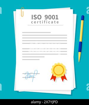 ISO certificate, 9001 document with a gold seal, signature and pen. Vector certificate is clipped to other papers, symbolizing professionalism and high standards in business quality management control Stock Vector