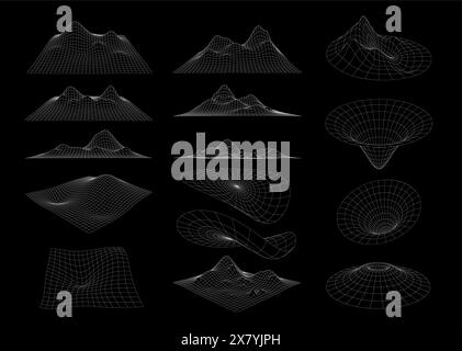 Futuristic wireframe mesh grid. 3d vector geometric shapes, futuristic and technical visualization of landscapes and funnels. Abstract cyberpunk, space, technological, virtual reality linear graphics Stock Vector