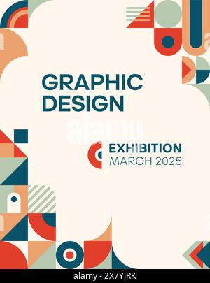 Abstract retro geometric cover or poster with vector frame border of trendy minimal graphic design. Square, triangle and circle shapes, arches and lin Stock Vector