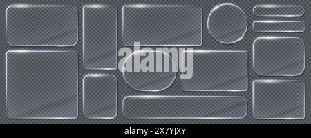 Glass light frames and borders. Realistic 3 vector transparent glass or plastic plaques in shape of rectangle, square, circle and elongated oval. Isolated set of glowing, glossy screens or billboards Stock Vector