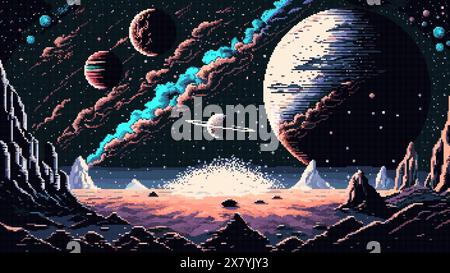 Generative ai solar system, milky way galaxy stars and planets landscape. 8Bit pixel art game scene. Retro-inspired virtual world with pixelated nosta Stock Vector