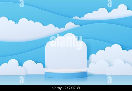 Podium with paper cut clouds. Round blue and white stage. 3d vector realistic platform or pedestal mockup for products displaying. Cloudy studio sky showcase background for cosmetics presentation Stock Vector