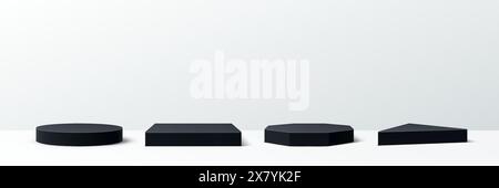 Black base podium. Realistic 3d vector geometric platforms of round, square, hexagonal and triangular shapes. Studio background with modern minimal stages for product display, presentations or exhibit Stock Vector