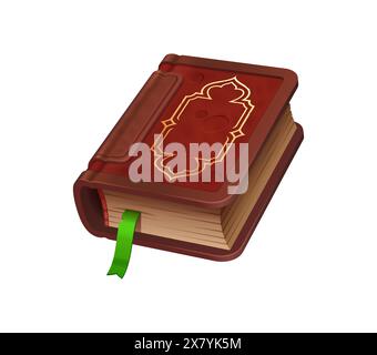Game book, isolated cartoon vector wizard or sorcerer grimoire, witch diary, recipes or knowledge. Closed spell game book bound in brown old leather cover with golden decor and green sticking bookmark Stock Vector