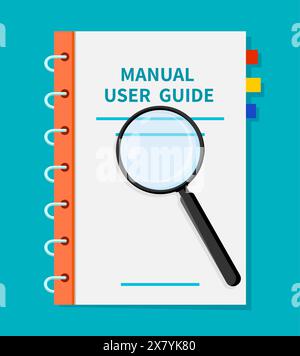 User guide, guidebook manual instruction. Vector ring-bound user service book with a magnifying glass over it, suggesting detailed examination or guidance, help, customer support and information data Stock Vector